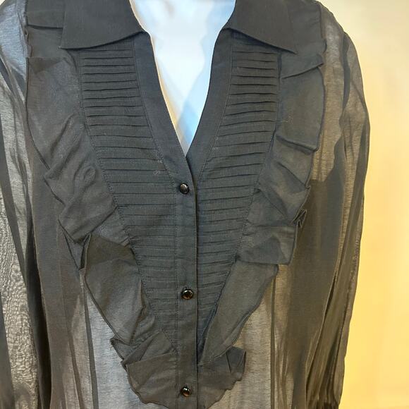 OSCAR DE LA RENTA Sz 14 Black Sheer Button Up Ruffle Pleated Classic Old Money - Picture 2 of 10